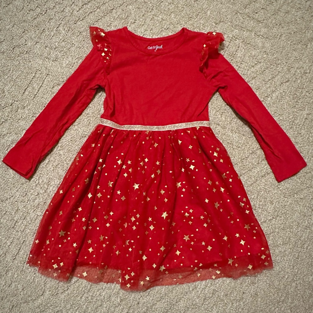 Cat & Jack Vibrant Red Long Sleeve Dress with Gold Stars